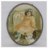 Antique Victorian child & cat print in oval frame