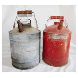 2 vintage metal gasoline gas fuel cans, 9" tall
