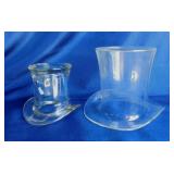 2 clear glass top hats, 5" and 3.5" tall
