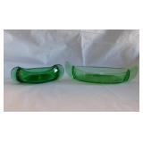 2 emerald glass canoes: 6" and 8.5" etched,