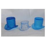3 blue glass top hats, tallest is 2.5"