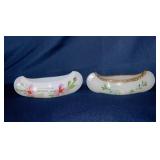 2 souvenir milk glass canoes, 6" long