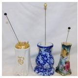 3 vintage ironstone & porcelain hat pin holders w/
