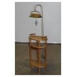 Oak 3-tier side table w/ drawer & brass lamp,