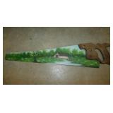 Hand painted folk art covered bridge hand saw,