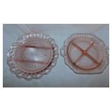 2 pink Depression Glass divided relish trays