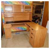 Wooden L shaped computer desk w/ 5 drawers,