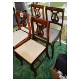 2 upholstered walnut lyre back dining chairs