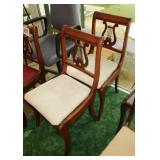 2 upholstered walnut lyre back dining chairs