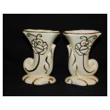 2 vintage USA Pottery cornucopia vases w/ gold
