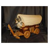 Wooden covered wagon w/ homesteaders, 17" long -