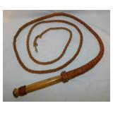 Braided leather & wood whip marked Mexico