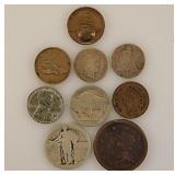 9 antique US coins: 1851 Braided Hair large cent
