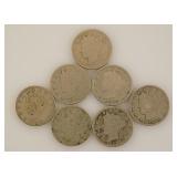 7 US Liberty Head V nickels: 1890 - 1893 - 1898 -
