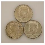Three 1964 Kennedy 90% silver half dollar coins