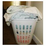Bed linens in hamper basket: Full size fitted &