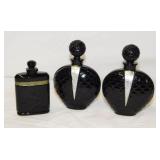 3 vintage black obsidian glass perfume bottles: