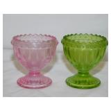 2 pink & green paneled glass egg cups