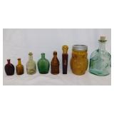 8 vintage glass bottles: Canada syrup jug with