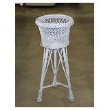 Vintage white wicker patio porch plant stand,
