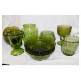 Vintage olive green glass vases & bowls