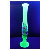 Vintage Uranium hand painted satin glass bud vase,