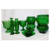 Vintage emerald green glass vases, goblets & more