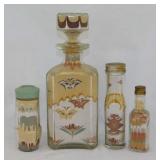 4 glass sand art bottles, tallest is 9.5"