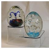 2 blown glass paperweights w/ controlled bubbles,