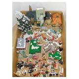 Christmas village buildings, bottle brush trees,
