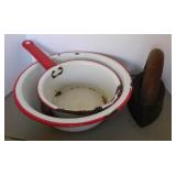 Antique wood handled sad iron - Enamelware