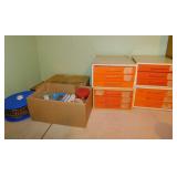 4 plastic organizer drawers w/ contents of shelf