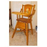 Vintage wood high chair w/ puppy backrest, 36"