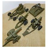 5 vintage cast iron military toy cannons & tank