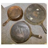 3 vintage cast iron skillets: 8", 9" & 10"