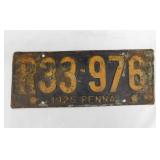 1925 embossed metal Pennsylvania license plate