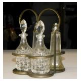Antique brass condiment set w/ glass vinegar & oil