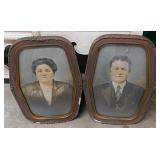 2 antique colorized portraits under convex glass