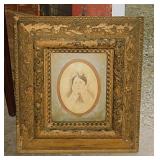 Antique ink portrait drawing of lady in carved