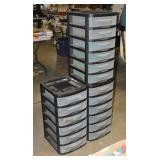 Three 6 drawer plastic storage bins,