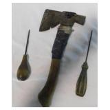 Antique hatchet & 2 ice picks w/ wood handles,