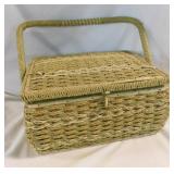 Woven sewing basket w/ satin lined lid,