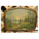 Vintage Lakeside Cottage print in ornate frame,