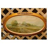 Vintage farm print in carved walnut oval frame,