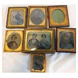 7 antique daguerreotype photos in frames,