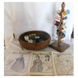 Woven Basket w/ Sewing Supplies & 2 mid-1800