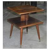 Mid-century walnut 2-tier side table w/ tapered