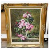Pink Roses still life oil painting signed by the