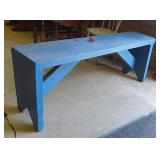 Primitive oak crock bench, painted blue,