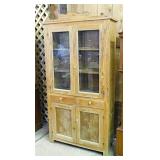 Primitive oak china hutch cabinet w/ glass doors &
